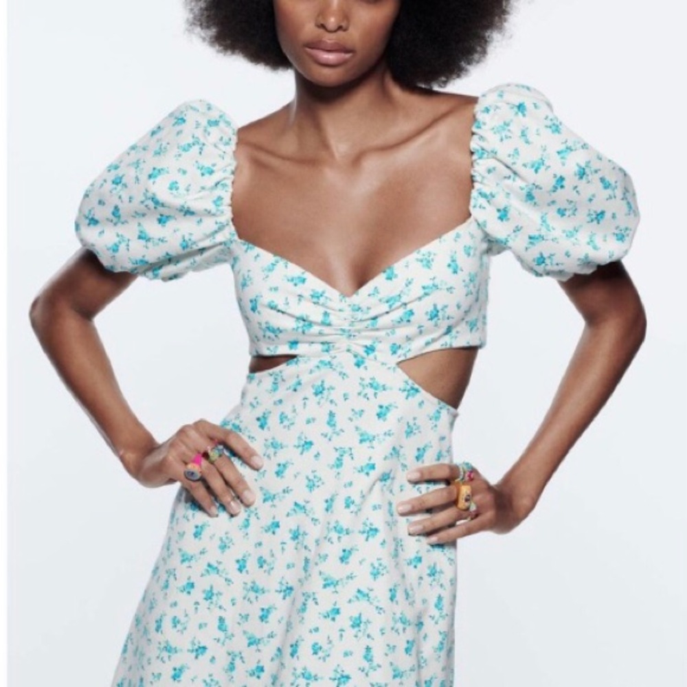 Zara Light Blue Floral Puff Sleeve Dress 👗